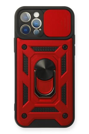 iPhone 12 Pro Kılıf Pars Lens Yüzüklü Silikon - Kırmızı-(5796)