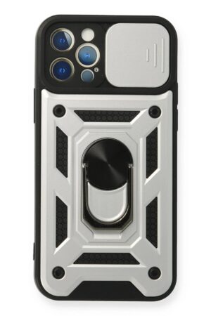 iPhone 12 Pro Kılıf Pars Lens Yüzüklü Silikon - Gümüş-(5796)