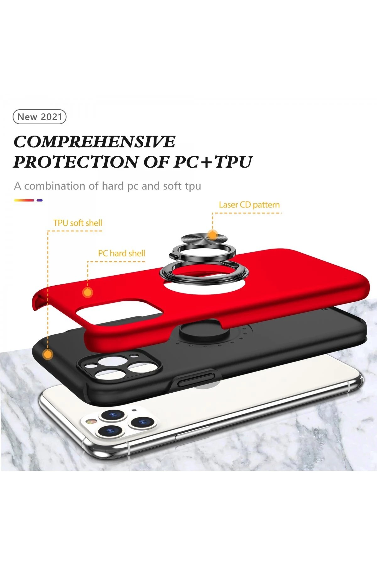 iPhone 11 Pro Max Kılıf Elit Yüzüklü Kapak - Kırmızı-(5796) - Görsel 2