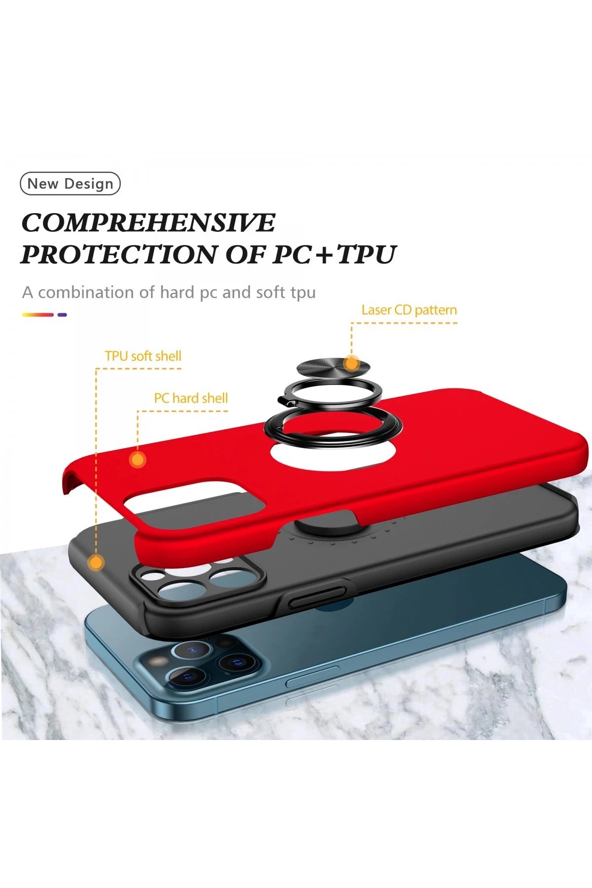 iPhone 12 Pro Max Kılıf Elit Yüzüklü Kapak - Kırmızı-(5796) - Görsel 2