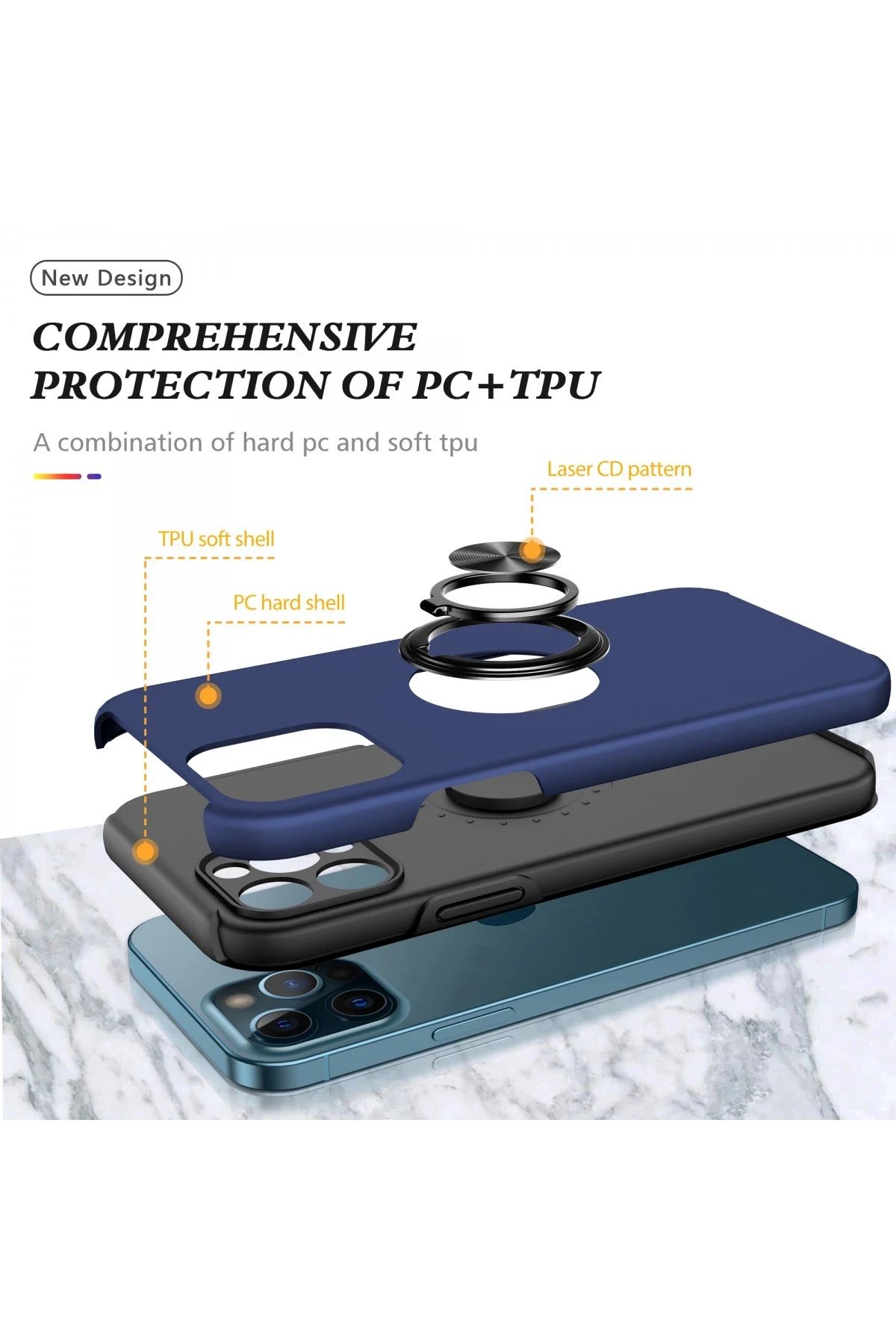 iPhone 12 Pro Kılıf Elit Yüzüklü Kapak - Lacivert-(5796) - Görsel 2