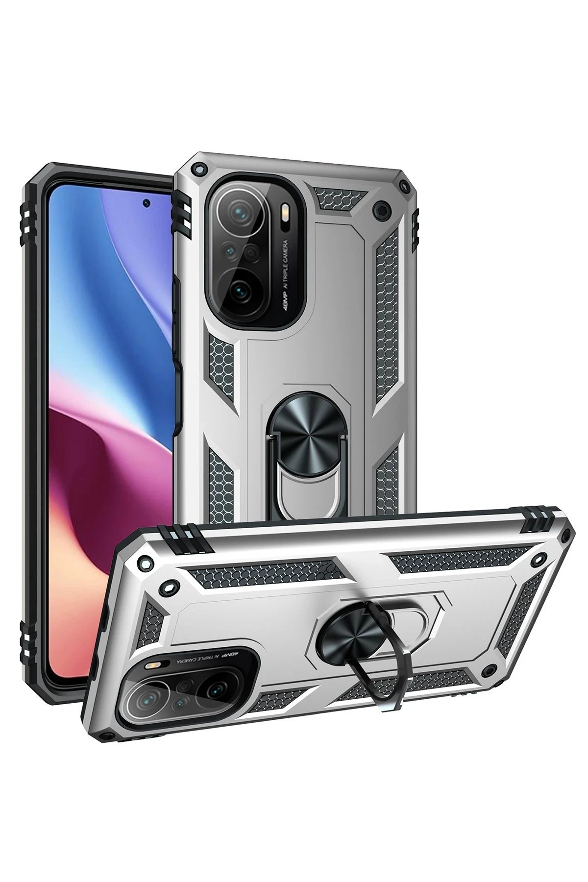 Xiaomi Poco F3 Kılıf Sofya Yüzüklü Silikon Kapak - Gümüş-(5796) - Görsel 2