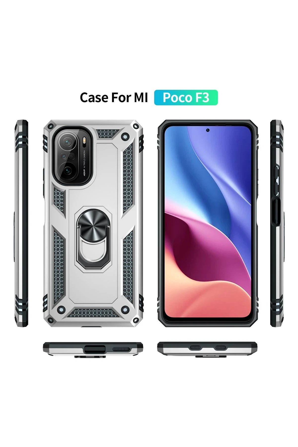 Xiaomi Poco F3 Kılıf Sofya Yüzüklü Silikon Kapak - Gümüş-(5796) - Görsel 3