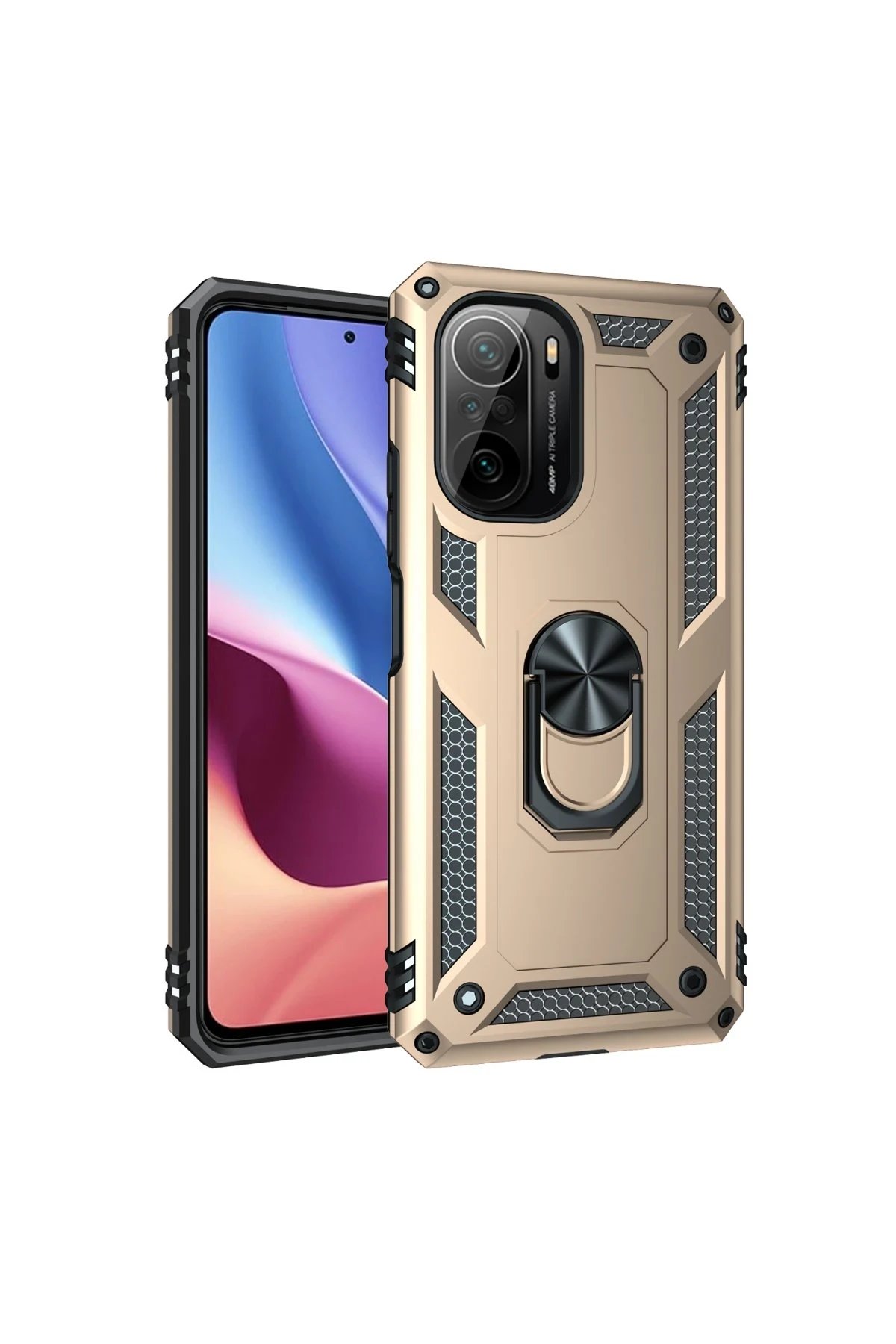 Xiaomi Poco F3 Kılıf Sofya Yüzüklü Silikon Kapak - Gold-(5796)