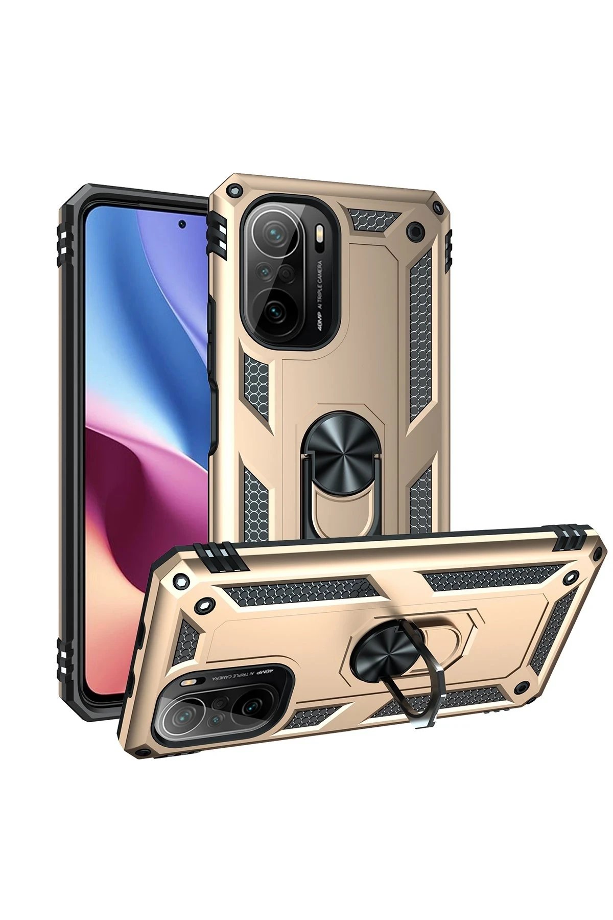 Xiaomi Poco F3 Kılıf Sofya Yüzüklü Silikon Kapak - Gold-(5796) - Görsel 2