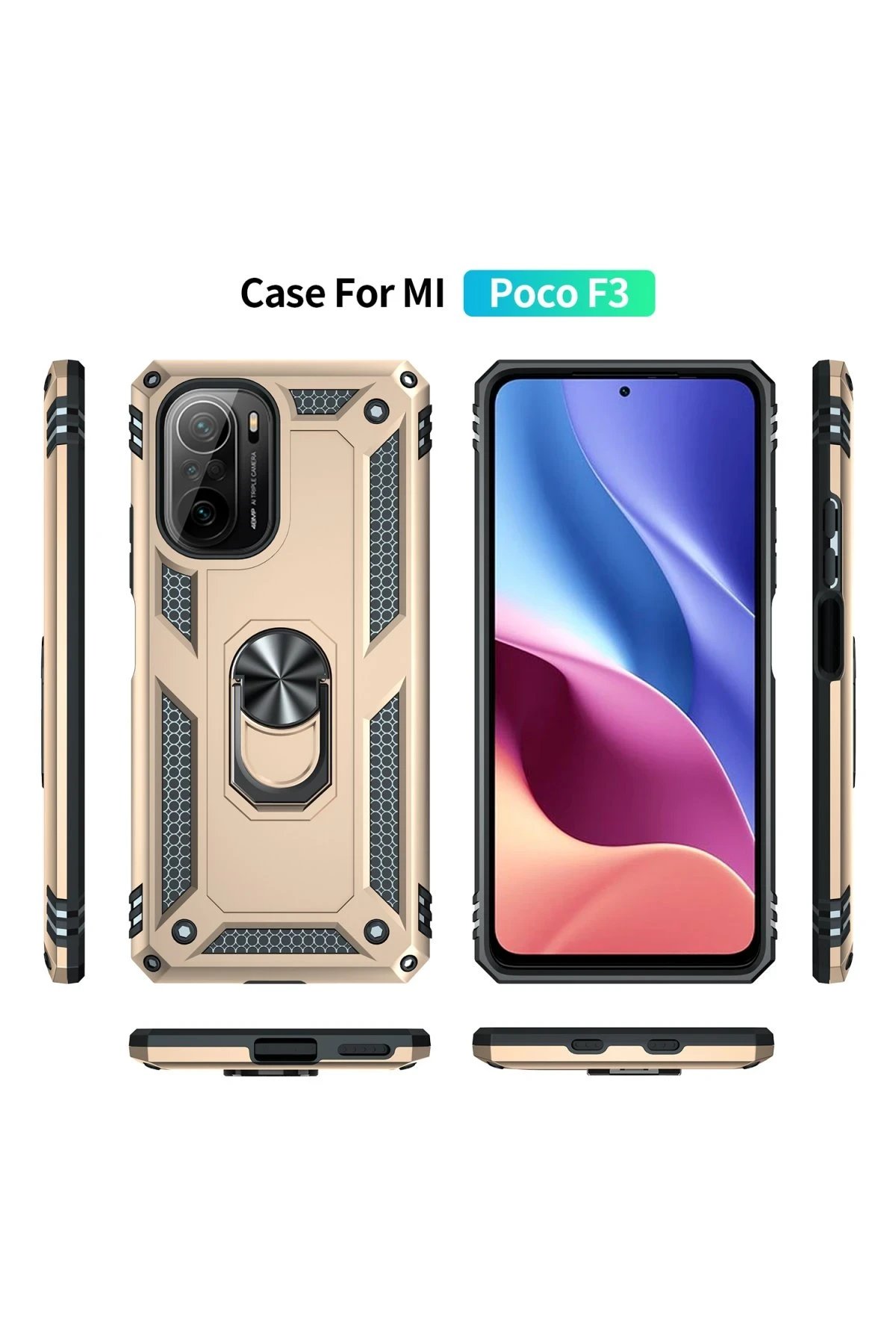 Xiaomi Poco F3 Kılıf Sofya Yüzüklü Silikon Kapak - Gold-(5796) - Görsel 3