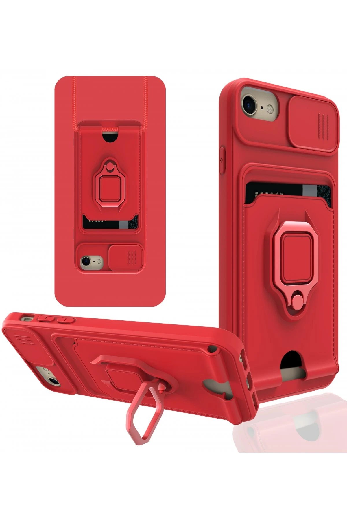 iPhone 7 Kılıf Zuma Kartvizitli Yüzüklü Silikon - Kırmızı-(5796)