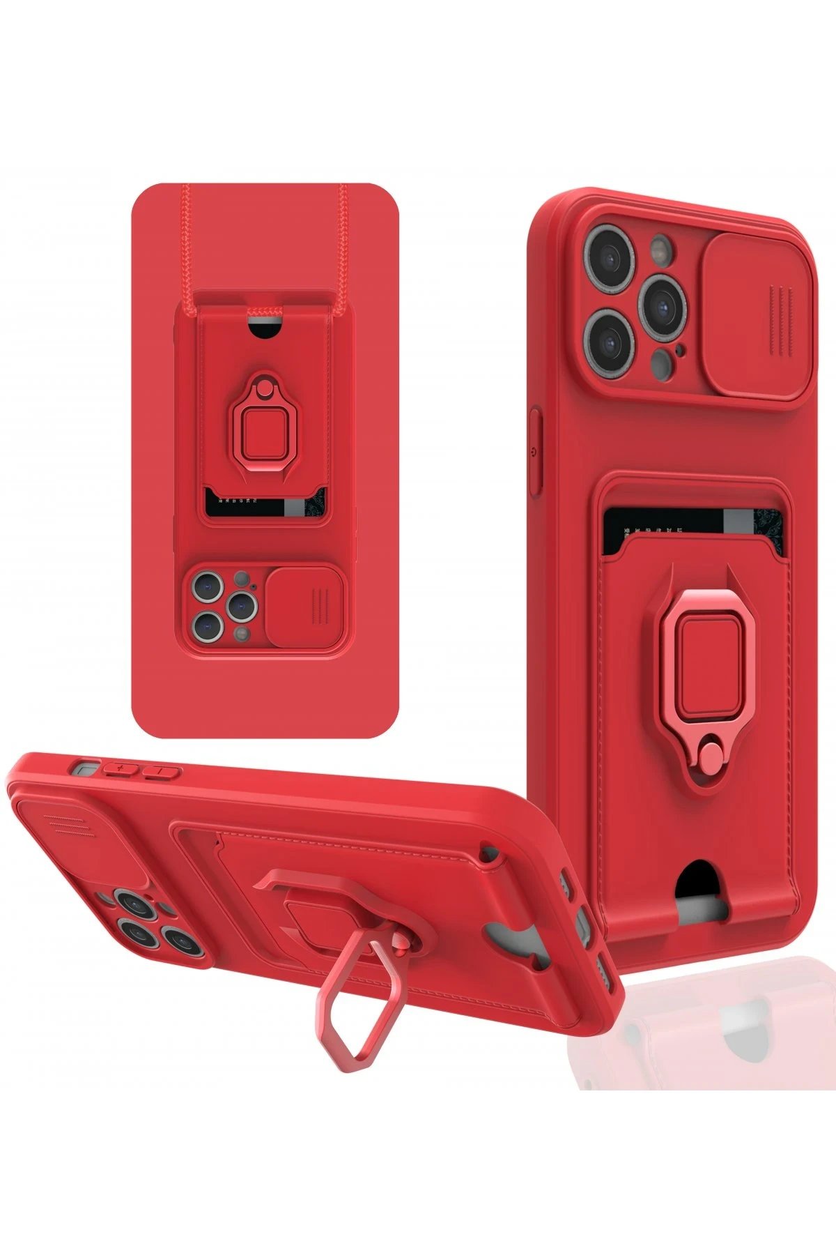 iPhone 12 Pro Kılıf Zuma Kartvizitli Yüzüklü Silikon - Kırmızı-(5796)