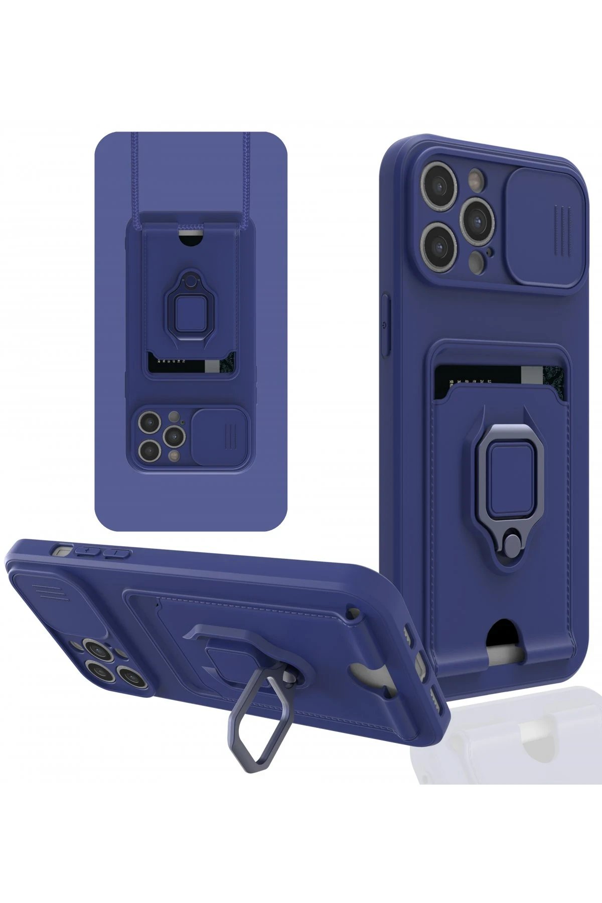iPhone 12 Pro Kılıf Zuma Kartvizitli Yüzüklü Silikon - Lacivert-(5796)