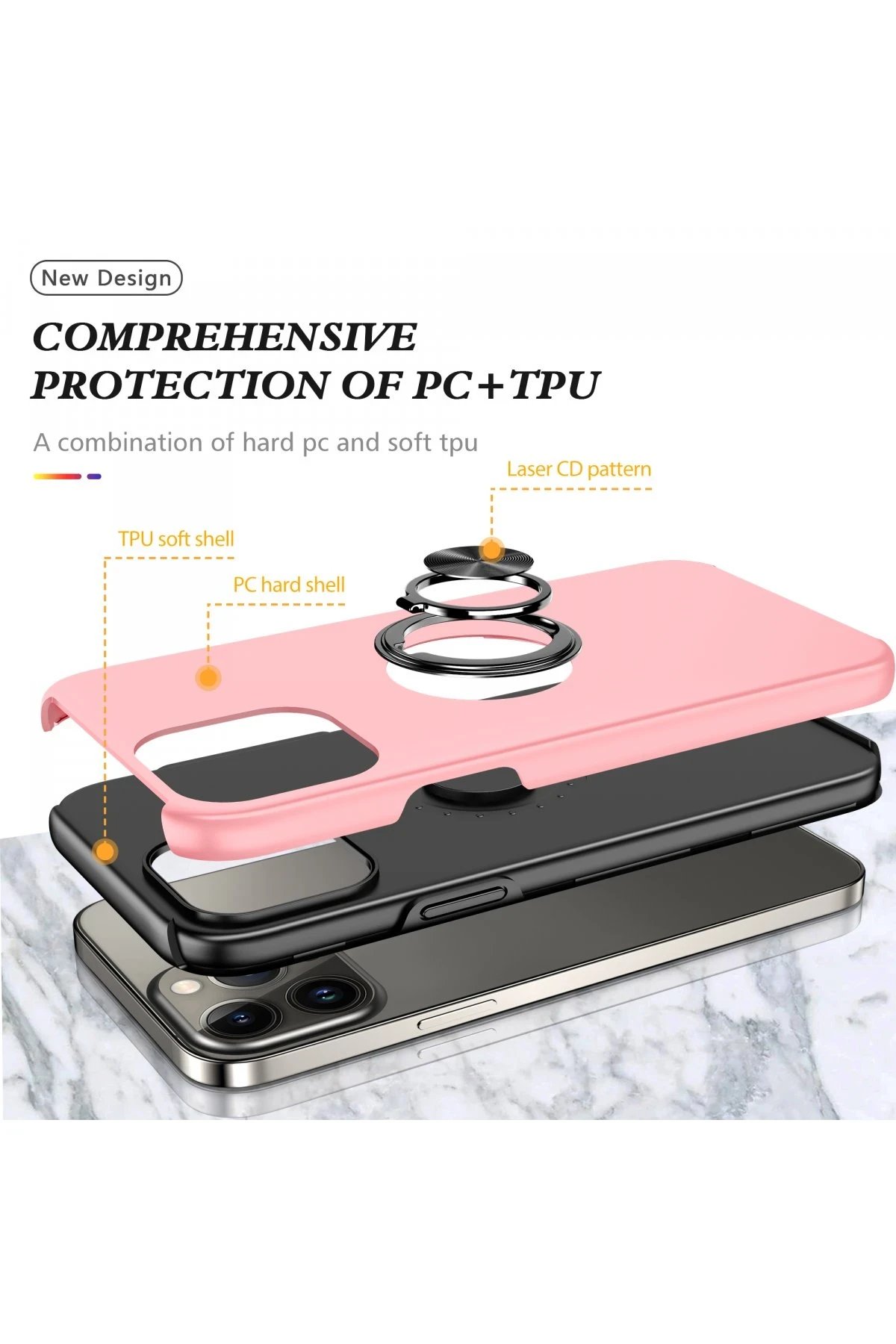 iPhone 13 Pro Max Kılıf Elit Yüzüklü Kapak - Pembe-(5796) - Görsel 2