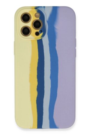 iPhone 12 Pro Max Kılıf Ebruli Lansman Silikon - Sarı-Lila-(5796)