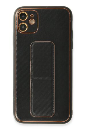 iPhone 12 Kılıf Coco Karbon Standlı Kapak - Siyah-(5796)