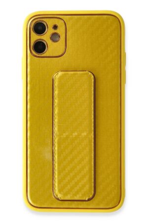 iPhone 12 Kılıf Coco Karbon Standlı Kapak - Sarı-(5796)