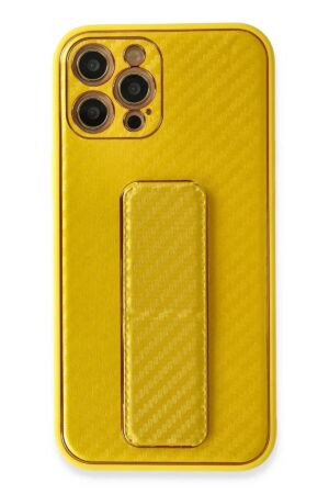 iPhone 12 Pro Max Kılıf Coco Karbon Standlı Kapak - Sarı-(5796)
