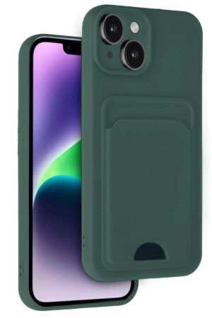 iPhone 14 Kılıf Kelvin Kartvizitli Silikon - Koyu Yeşil-(5796)