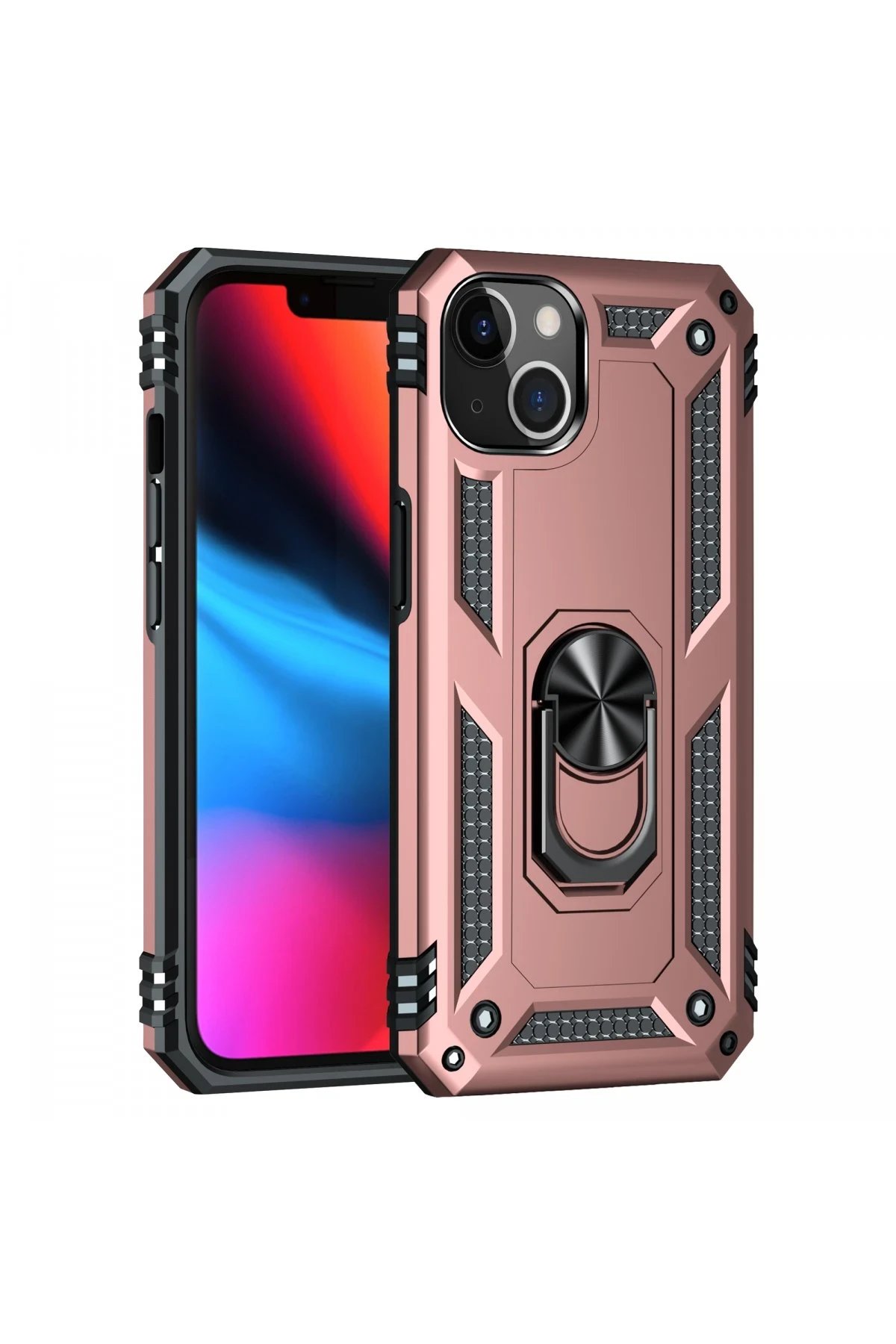 iPhone 14 Kılıf Sofya Yüzüklü Silikon Kapak - Rose-(5796)