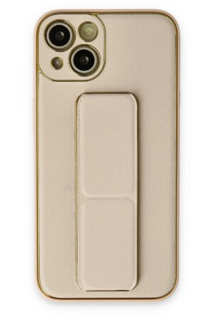 iPhone 14 Plus Kılıf Coco Deri Standlı Kapak - Gold-(5796)
