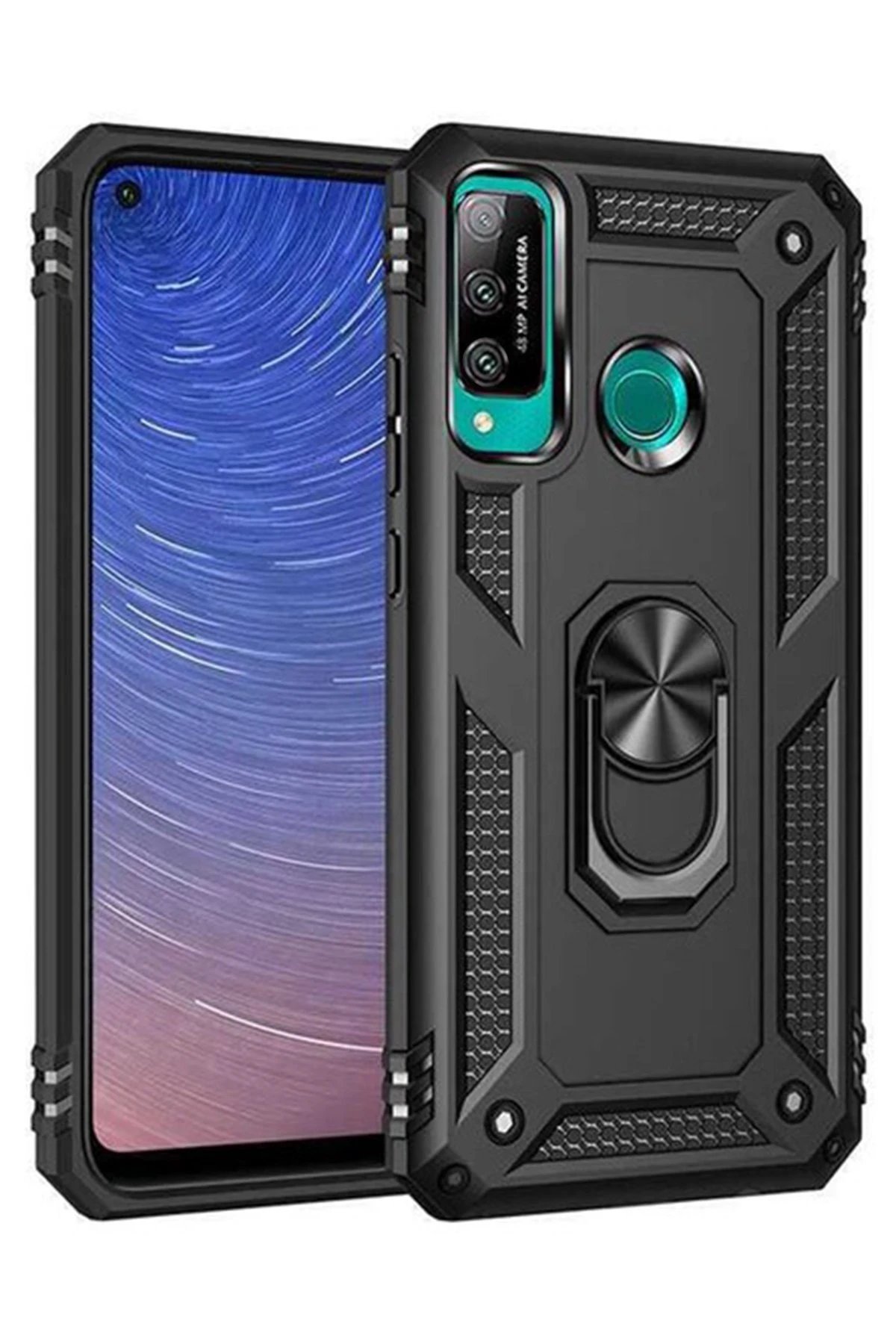 Huawei P40 Lite E Kılıf Sofya Yüzüklü Silikon Kapak - Siyah-(5796)