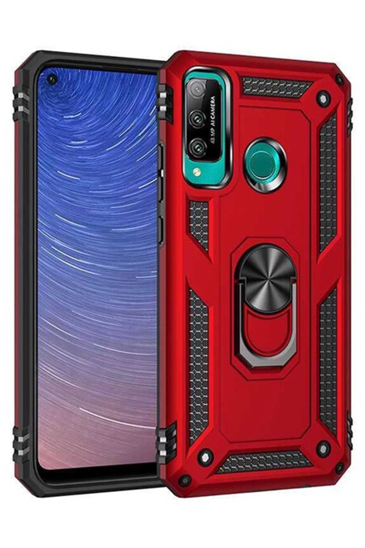 Huawei P40 Lite E Kılıf Sofya Yüzüklü Silikon Kapak - Kırmızı-(5796)