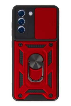 Samsung Galaxy S21 FE Kılıf Pars Lens Yüzüklü Silikon - Kırmızı-(5796)