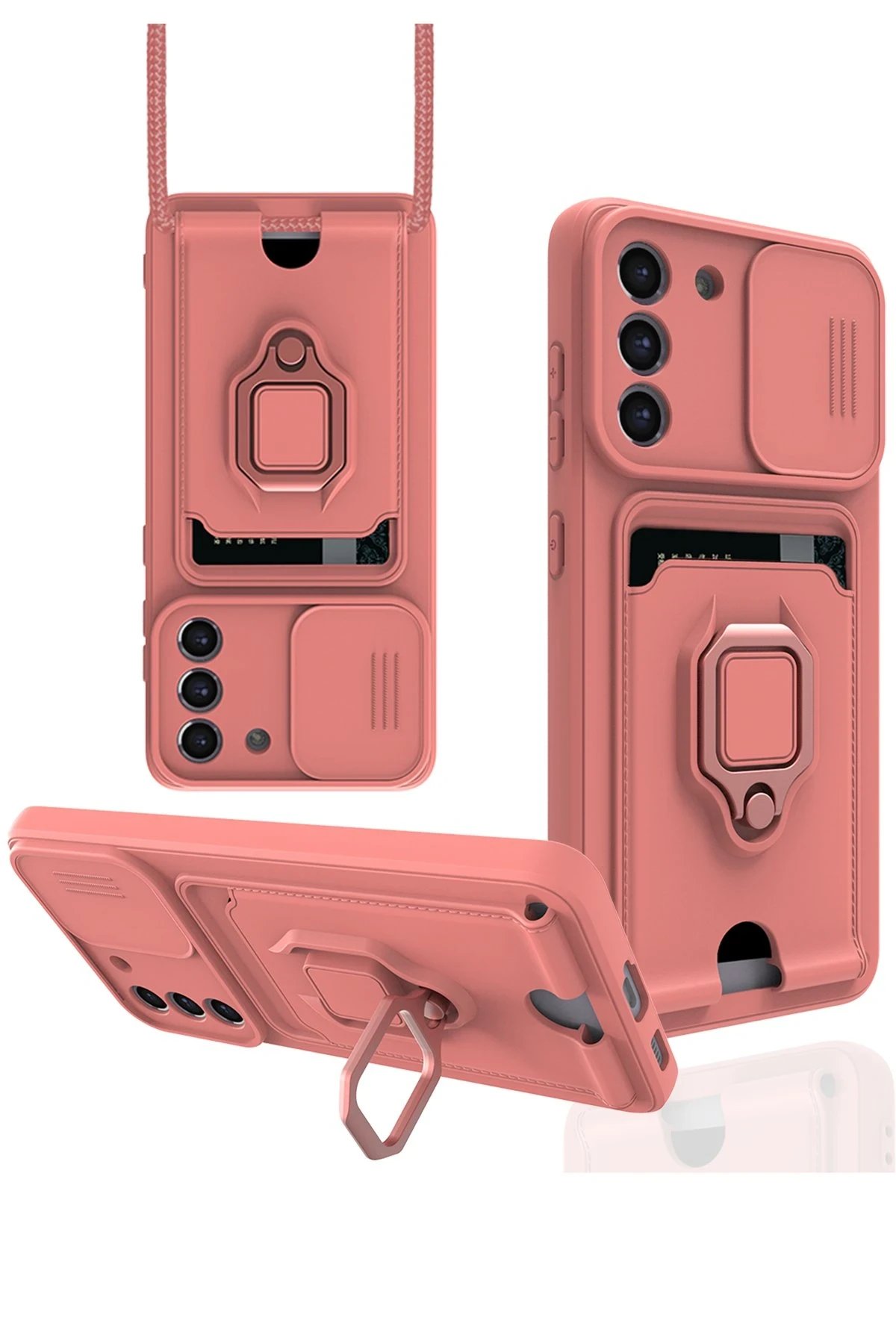 Samsung Galaxy S21 FE Kılıf Zuma Kartvizitli Yüzüklü Silikon - Pembe-(5796)