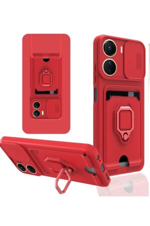 Vivo Y16 Kılıf Zuma Kartvizitli Yüzüklü Silikon - Kırmızı-(5796)