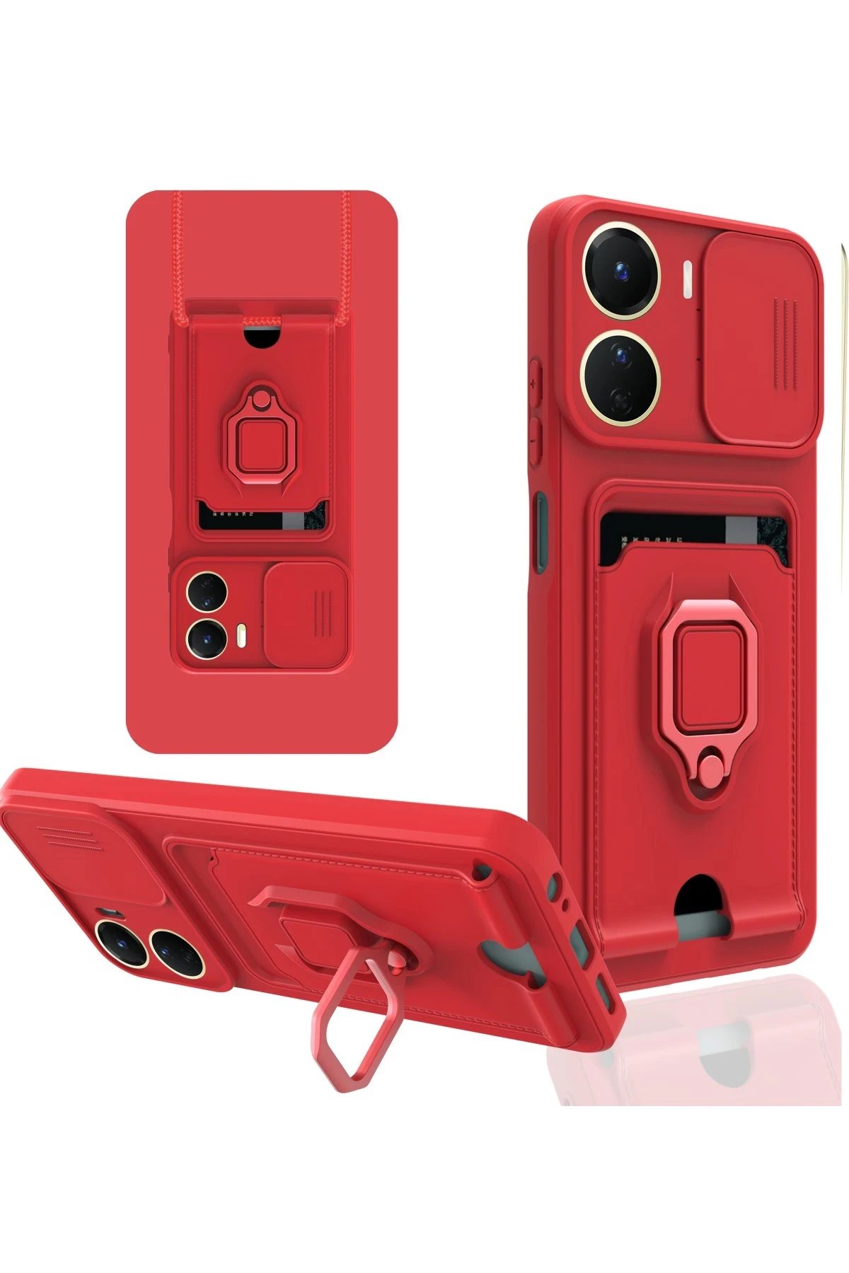 Vivo Y16 Kılıf Zuma Kartvizitli Yüzüklü Silikon - Kırmızı-(5796)