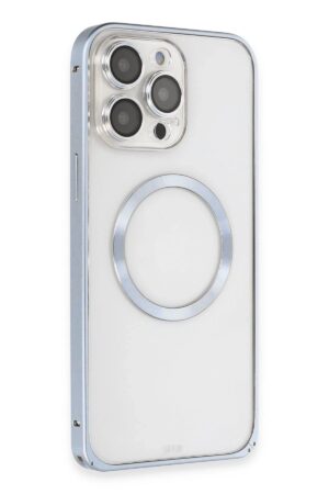 iPhone 13 Pro Max Kılıf Metal Bumper Magneticsafe Kapak - Sierra Blue-(5796)