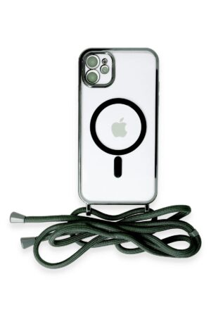 iPhone 11 Kılıf Divo Lazer Askılı Magsafe Kapak - Koyu Yeşil-(5796)
