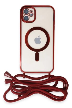 iPhone 12 Kılıf Divo Lazer Askılı Magsafe Kapak - Kırmızı-(5796)