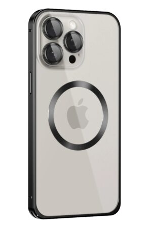 iPhone 15 Pro Max Kılıf Metal Bumper Magneticsafe Kapak - Siyah-(5796)
