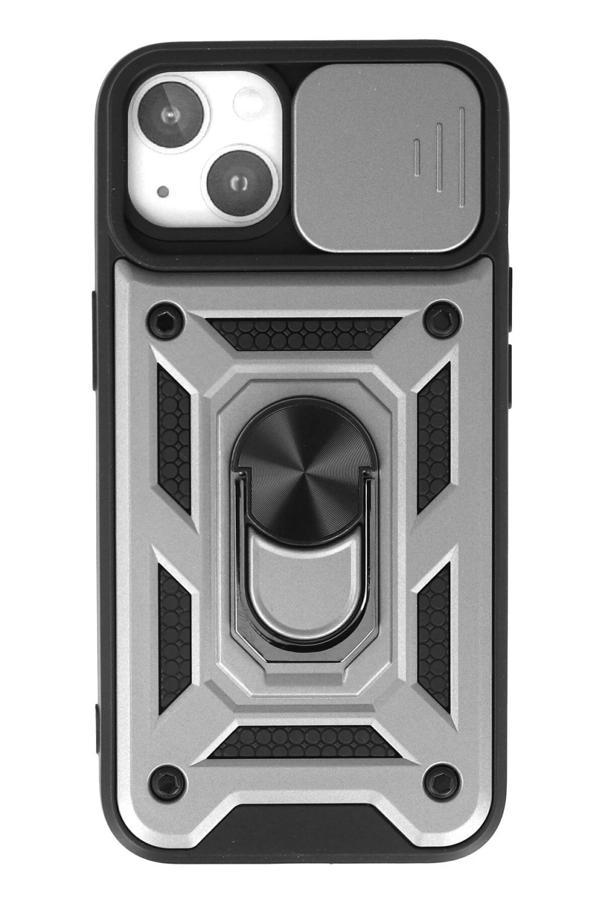 iPhone 15 Kılıf Pars Lens Yüzüklü Silikon - Gümüş-(5796)