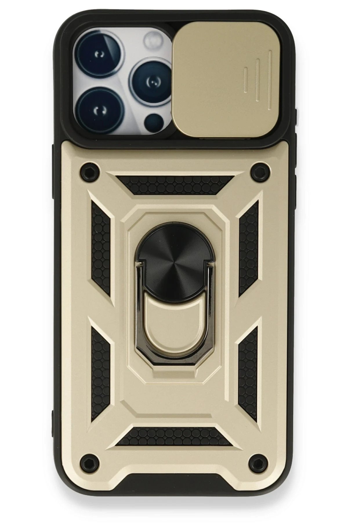 iPhone 15 Pro Kılıf Pars Lens Yüzüklü Silikon - Gold-(5796)