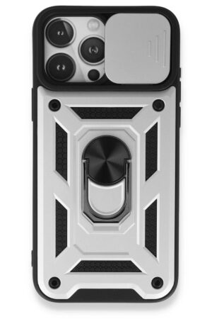 iPhone 15 Pro Kılıf Pars Lens Yüzüklü Silikon - Gümüş-(5796)