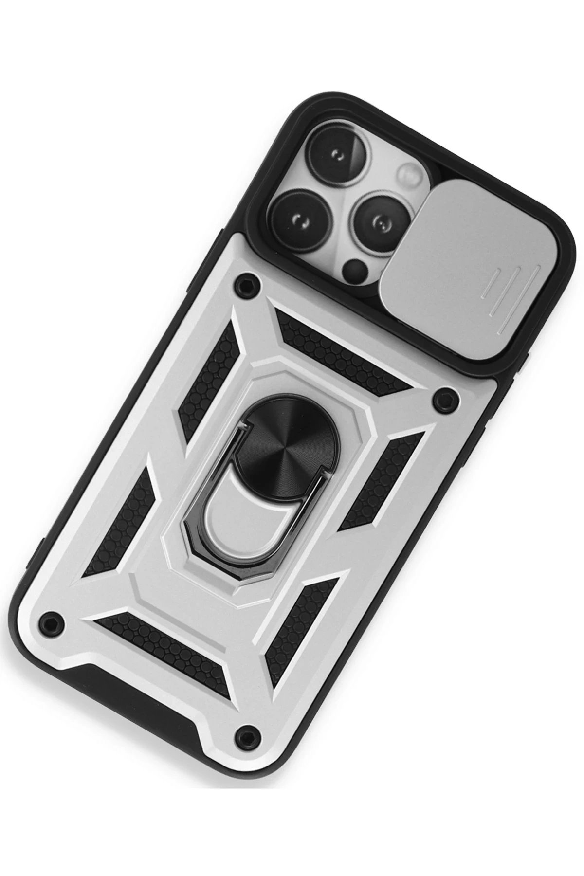 iPhone 15 Pro Max Kılıf Pars Lens Yüzüklü Silikon - Gümüş-(5796) - Görsel 2