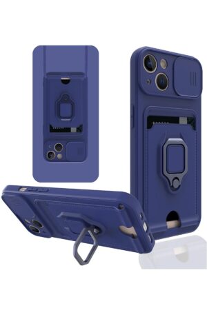iPhone 15 Kılıf Zuma Kartvizitli Yüzüklü Silikon - Lacivert-(5796)