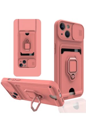 iPhone 15 Kılıf Zuma Kartvizitli Yüzüklü Silikon - Pembe-(5796)