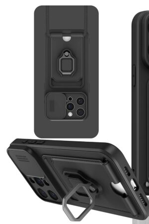 iPhone 15 Pro Kılıf Zuma Kartvizitli Yüzüklü Silikon - Siyah-(5796)