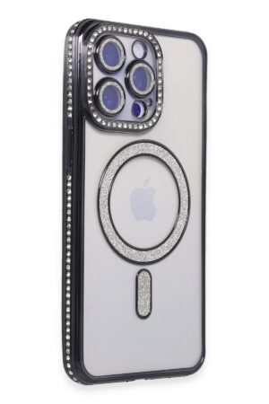 iPhone 15 Pro Max Kılıf Joke Simli Magneticsafe Kılıf - Siyah-(5796)