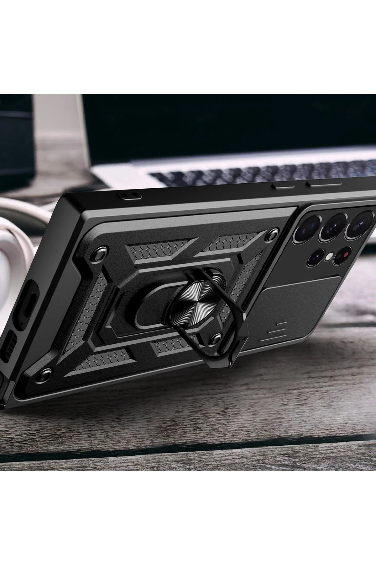 Samsung Galaxy S23 Ultra Kılıf Pars Lens Yüzüklü Silikon - Siyah-(5796) - Görsel 3