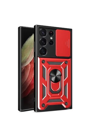 Samsung Galaxy S23 Ultra Kılıf Pars Lens Yüzüklü Silikon - Kırmızı-(5796)