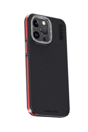 iPhone 15 Pro Max Kılıf Aramid 600D Kevlar Karbon Fiber Magsafe Kapak - Kırmızı-(5796)