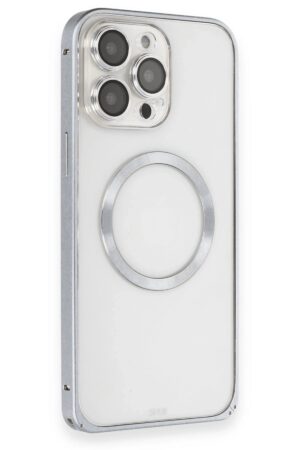 iPhone 15 Pro Max Kılıf Metal Bumper Magneticsafe Kapak - Gri-(5796)