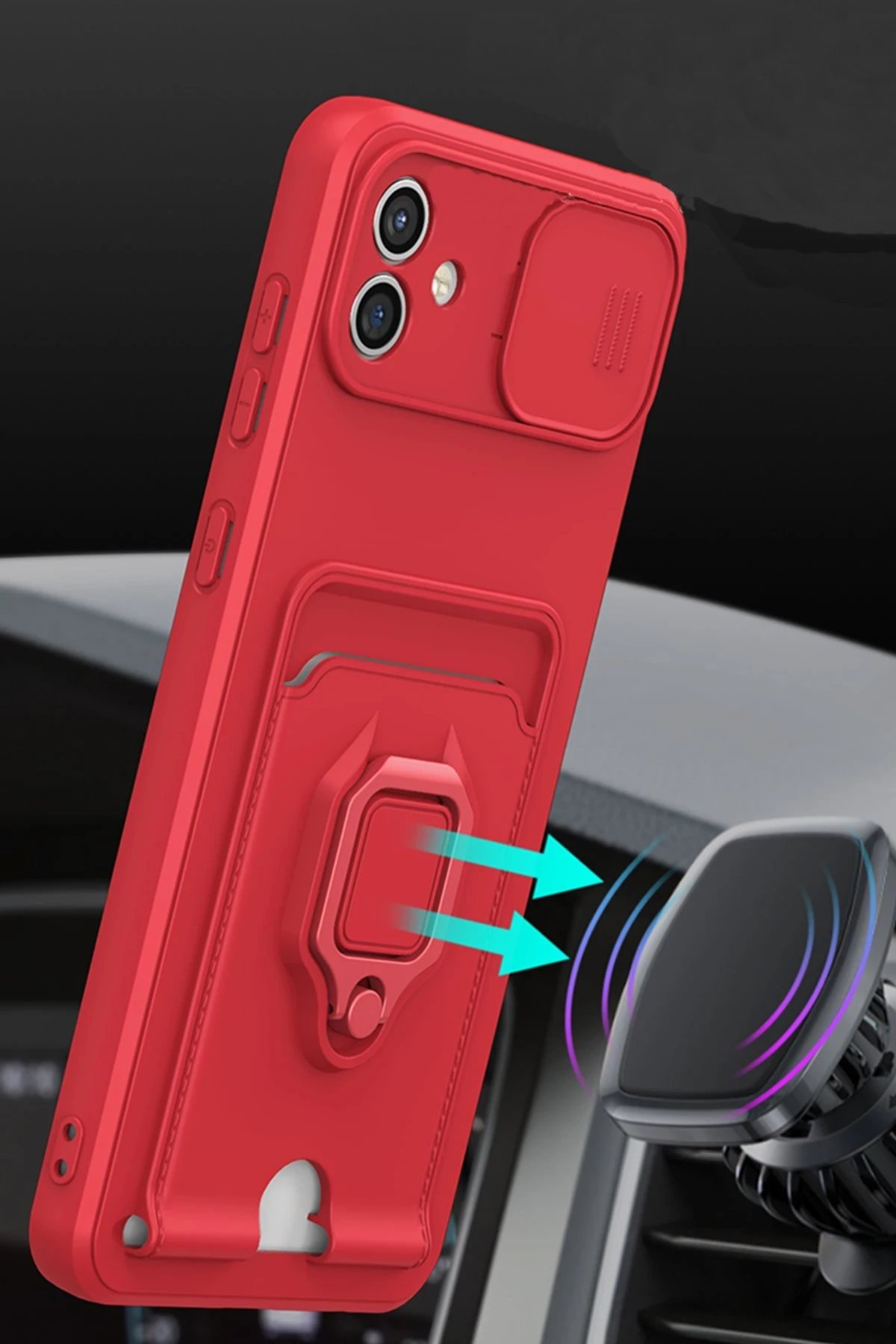 Samsung Galaxy A05 Kılıf Zuma Kartvizitli Yüzüklü Silikon - Kırmızı-(5796) - Görsel 2