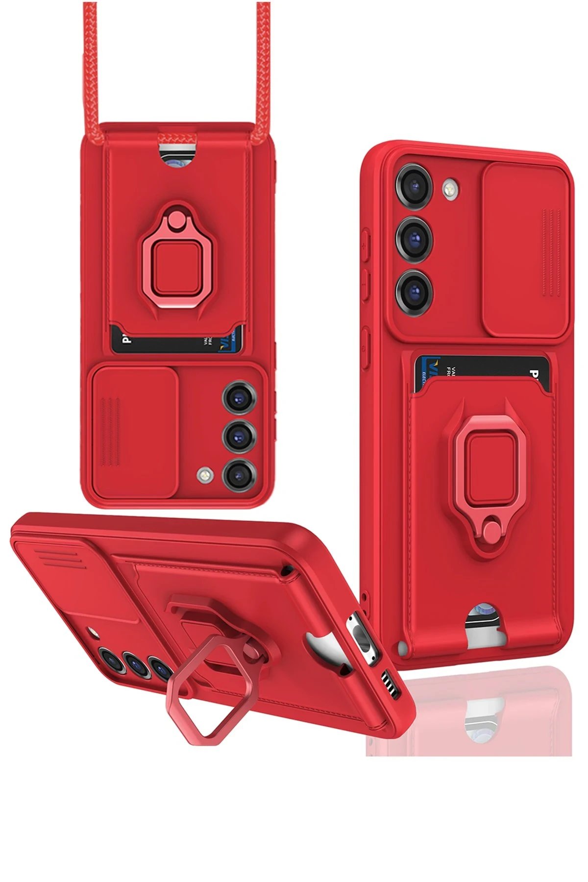 Samsung Galaxy S24 Plus Kılıf Zuma Kartvizitli Yüzüklü Silikon - Kırmızı-(5796)