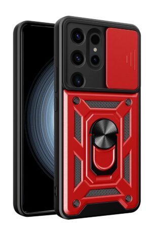 Samsung Galaxy S24 Ultra Kılıf Pars Lens Yüzüklü Silikon - Kırmızı-(5796)