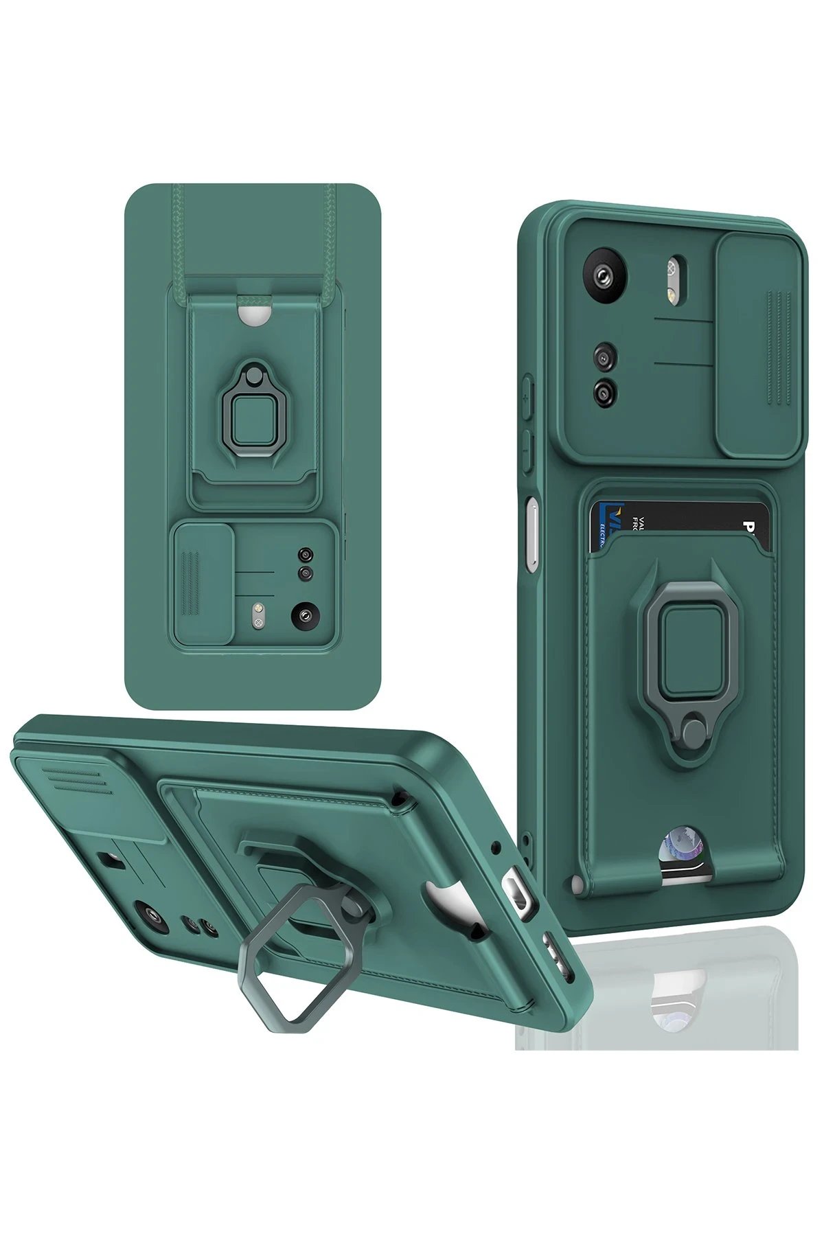 Xiaomi Redmi 13C Kılıf Zuma Kartvizitli Yüzüklü Silikon - Yeşil-(5796)