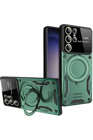 Samsung Galaxy S25 Ultra Kılıf Joy Lens Standlı Kapak - Koyu Yeşil-(5796)