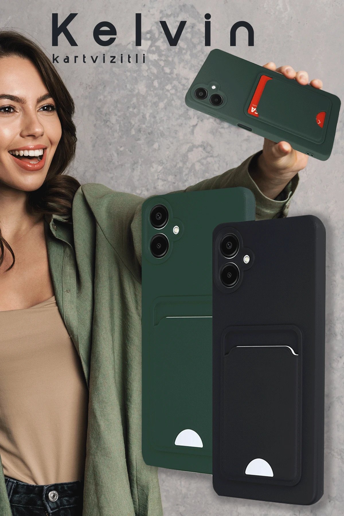 Samsung Galaxy A16 5G Kılıf Kelvin Kartvizitli Silikon - Koyu Yeşil-(5796) - Görsel 3
