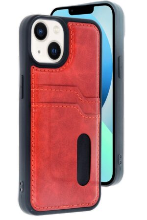 iPhone 14 Kılıf Sara Kartvizitli Deri Kılıf - Kırmızı-(5796)
